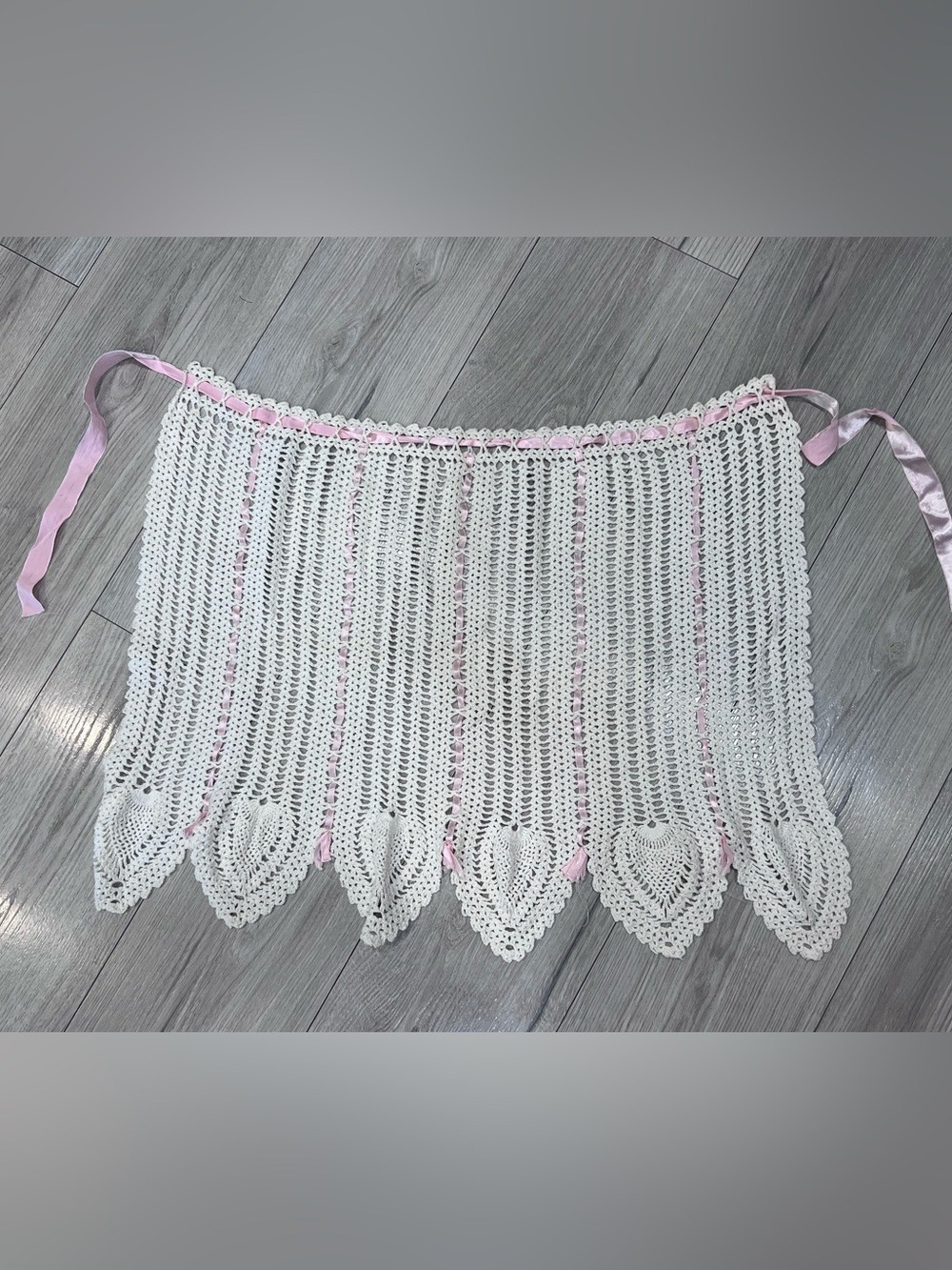 Vintage Crocheted Apron Handmade White Yarn And Pink Ribbon
